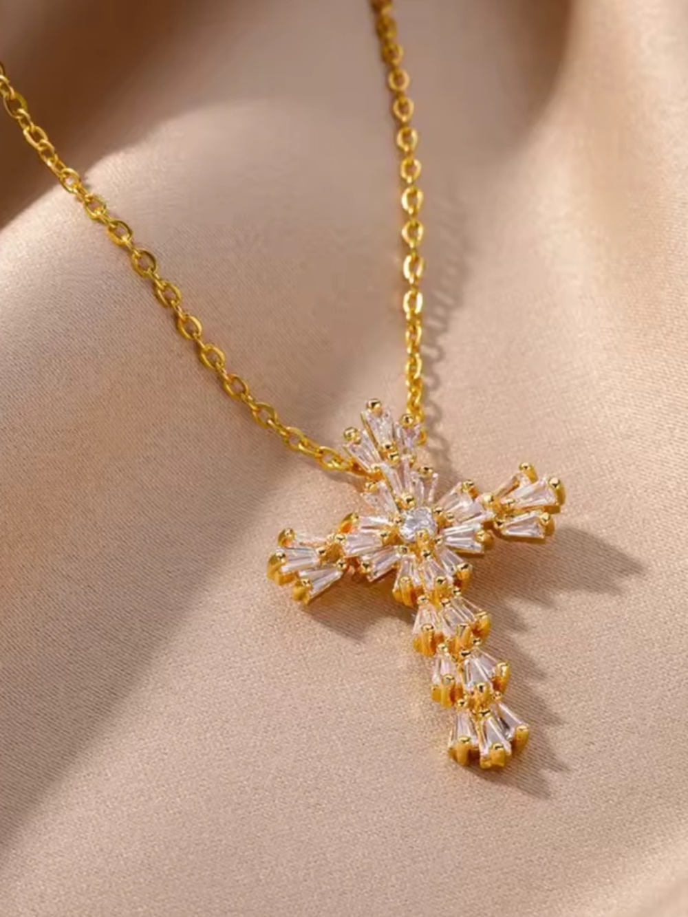 Stainless Steel Gold Crystal Cross Pendant Necklace